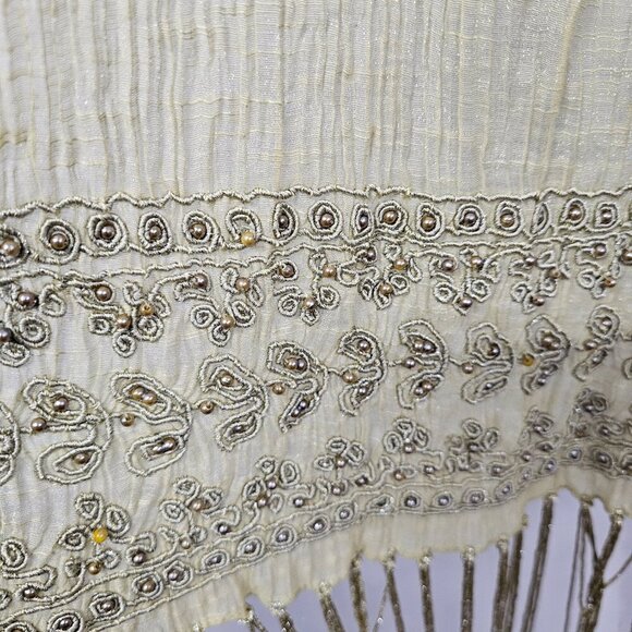 Green Boho Sheer Beaded Embroidered Shimmery Fringed Scarf - Picture 6 of 12